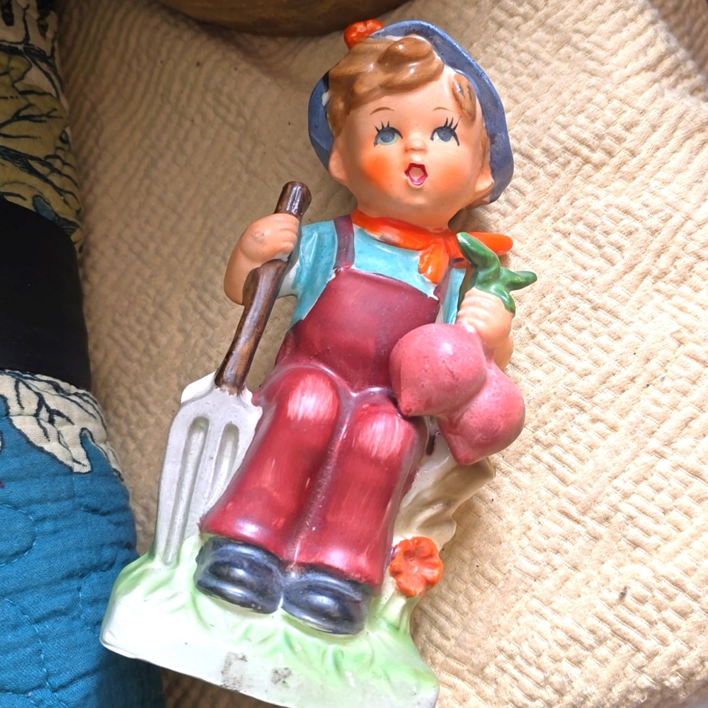 Vintage Hummel Like Farmer BOY figure With Beets And Garden Fork 7"  JAPAN